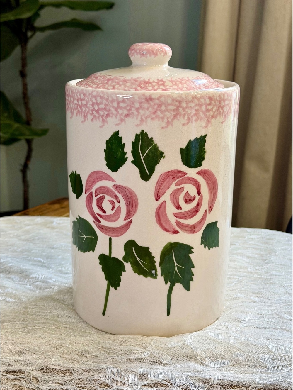 Vintage Pink Rose Ceramic Canister With Lid Floral Cottage Kitchen Decor